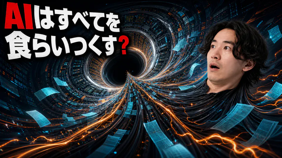 AIブラックホールへ、驚いた表情の男性と電力ケーブル、文書データ、データセンターが細長く引き延ばされて吸い込まれる。「AIはすべてを食らいつくす？」と書かれたサムネイル