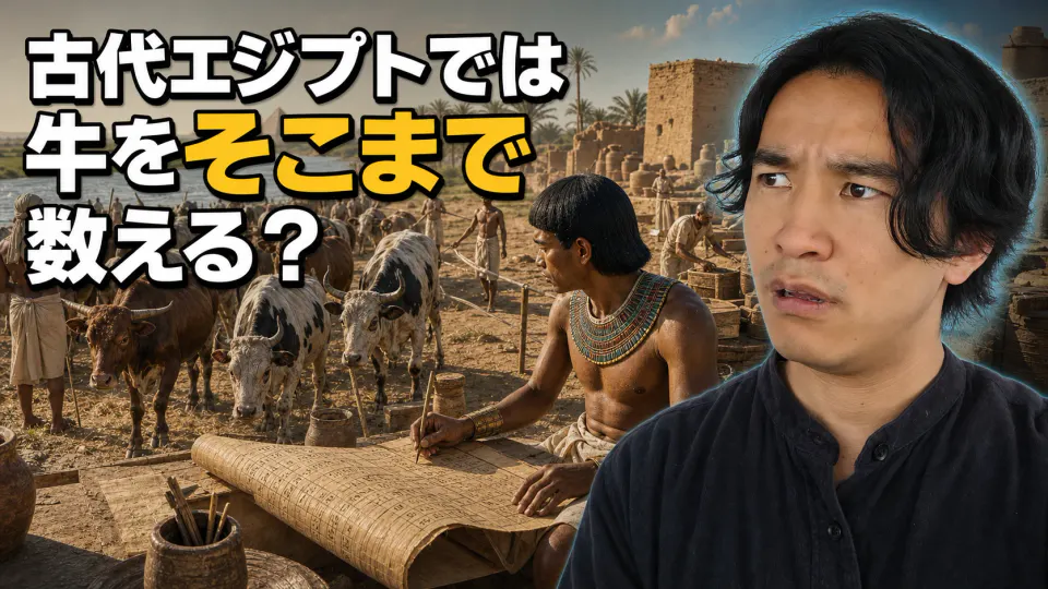 牛を数えパピルスへ記録する古代エジプトの書記と、驚いた表情で見つめる現代の案内役