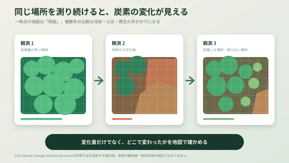 同じ森林を複数回観測し、炭素量の多い状態、伐採や火災の後、回復した場所と戻らない場所を比較する模式図