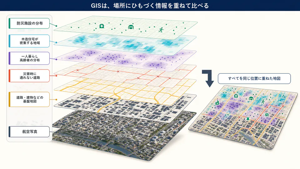 防災施設、木造住宅、高齢者、通行不能道路、基盤地図、航空写真を同じ位置で重ね合わせるGISの仕組み