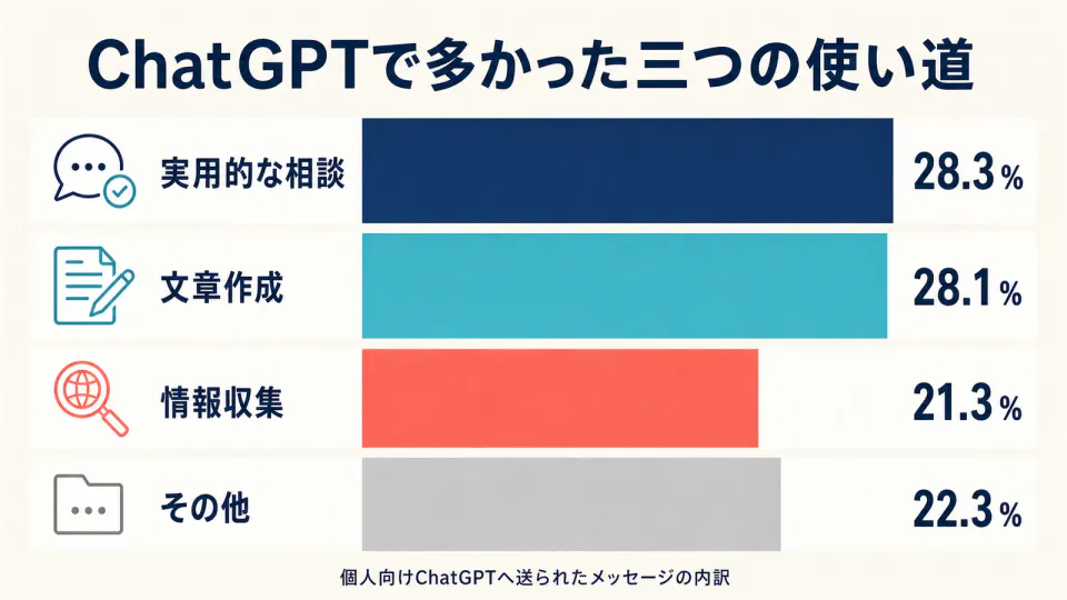 個人向けChatGPTのメッセージ内訳。実用的な相談28.3％、文章作成28.1％、情報収集21.3％、その他22.3％