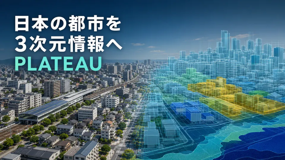 日本の市街地が色分けされた3D都市データへ切り替わる様子