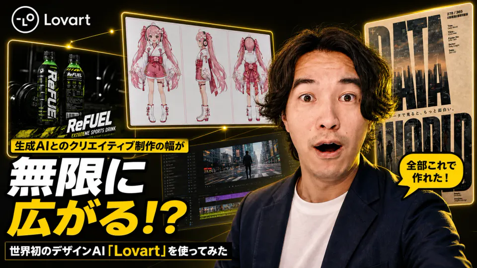 驚いた表情の筆者と、Lovartで制作したReFUEL、VTuber三面図、DATA WORLDポスターを並べたサムネイル