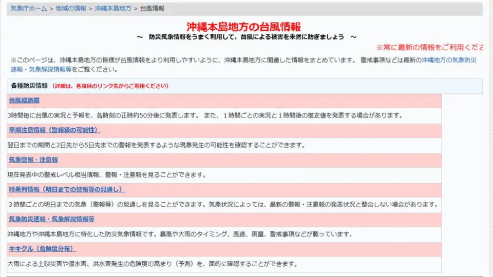 沖縄気象台の沖縄本島地方の台風情報ページに、台風経路図、早期注意情報、警報と注意報、時系列情報、気象解説情報、キキクルへの入口が縦に並ぶ