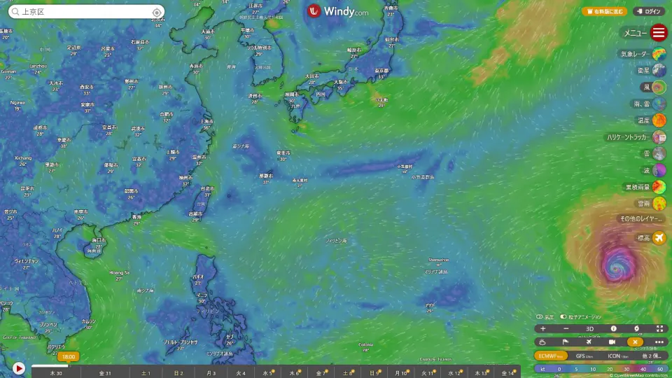 Windy.comの風レイヤーで東アジアと西太平洋の風の分布が色と流線で示され、右側にレイヤー、右下にECMWF、GFS、ICONのモデル切り替えが並ぶ